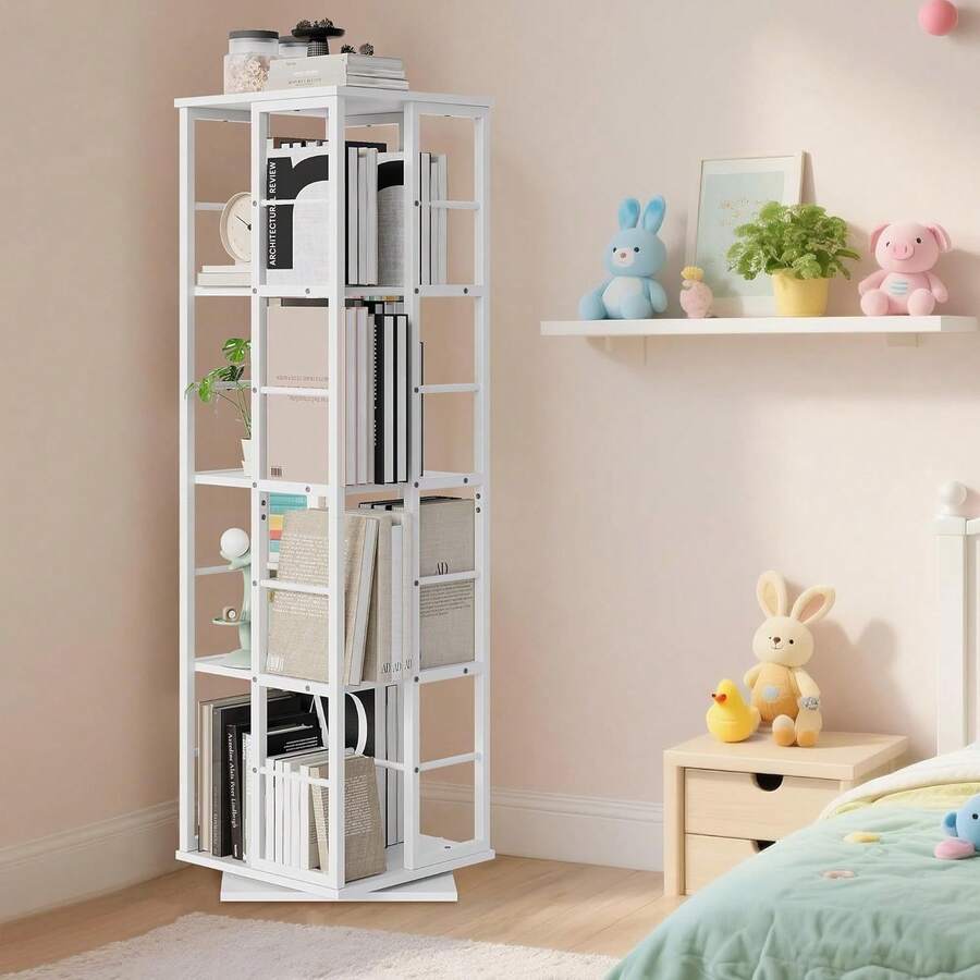 4-Tier Rotating Bookshelf, 360° Rotating Tower, Freestanding Book Storage Rack With Rails For Living Room, Bedroom, Study Apartment - White - View 1