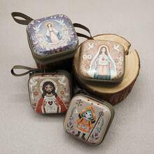 Bolsa de almacenamiento con cremallera para rosario portátil de la Virgen María, artículos religiosos elegantes, caja de joyería cristiana con dibujos animados para devotos, decoración de habitación, 7x7cm - Multicolor - Ver 1