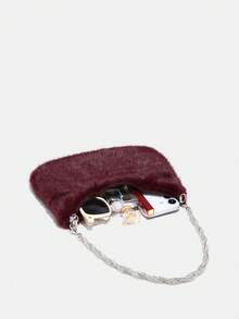 1件亮片和人造毛皮装饰闪亮水钻腕饰，女士拉链斜挎包，适合度假和派对 - 酒紅色 - 查看 3