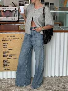 FOR BEAUTY Spring/Summer New Grey Round Neck Half Sleeve Button Knitted Cardigan Women's Top, Fashionable, Casual, Simple Daily Street, Suitable For Commuting Coat