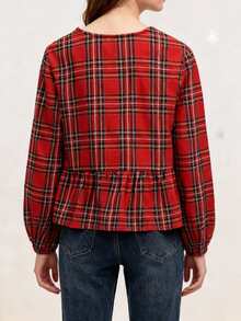 Women's Coquette Red Plaid Christmas Blouse, Cute Bow Knot Peplum Top, Long Sleeve Holiday Party Shirt - 紅色 - 查看 6