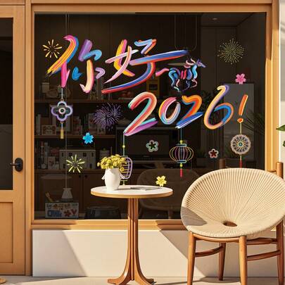 Hello 2026 New Year Glass Decoration Stickers - Year Of The Horse New Year Shopping Mall Glass Sliding Door Static Window Stickers & Door Decals