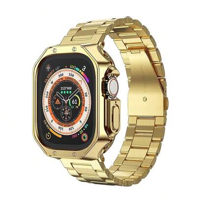 Dây đeo kim loại bằng thép không gỉ mạ vàng, tương thích với Apple Watch Series 10/9/8/7/6/5/4/3/2/1, kích thước 38mm, 40mm, 41mm, 42mm, 44mm, 45mm, 46mm, 49mm, thiết kế cơ khí, món quà lý tưởng cho người đàn ông thành đạt hoặc bạn trai, phụ kiện dây đeo và vỏ bảo vệ đồng hồ thông minh.