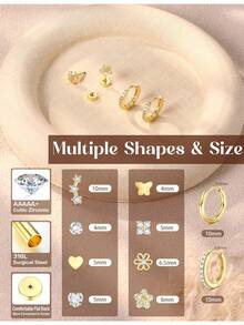 Flat Back Earrings For Women Hypoallergenic Surgical Stainless Steel Earrings For Sensitive Ears 14K Gold Plated Heart Flower Stud Earring Set Age:Over 4 Years Old - Nhiều màu - Xem 3