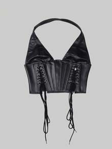 Apperloth A Y2K Style Backless Bustier Crop Top, Sexy V-Neck PU Leather Slit Rivet Lace-Up Backless Bodysuit, Party Clubwear - Black - View 7