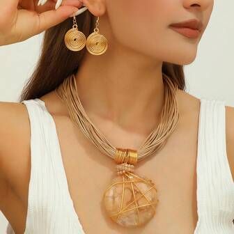 手工夸张多层铝线人造水晶蜡线树脂编织欧美波西米亚复古魅力晚宴派对宴会海蓝色风韩式假日休闲项链耳环