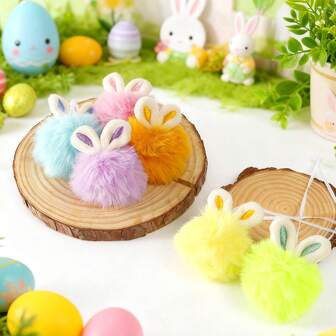 Set decorativo colgante de orejas de conejo de peluche con pompones de colores para Pascua, orejas de conejo con forma adorable, decoraciones a juego de conejitos y huevos de Pascua para el hogar, fiestas y vacaciones, flores artificiales