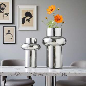 European Style Minimalist Creative Electroplated Silver Ceramic Vase For Home, Living Room, Dining Table Decoration, Flower Planter, Office Desk, Desktop Decoration