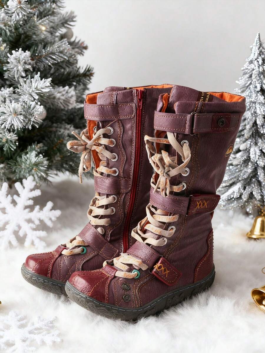 1 Pair TMA EYES Women's Red Retro Leather Boots - Lace Up And Side Zipper Design, Non Slip, Autumn And Winter Retro Style,Boots For Women - Đỏ - Xem 1