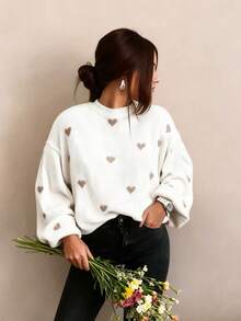Plus Size Women Casual Loose Heart Pattern Drop Shoulder Long Sleeve Sweater White - White - View 3