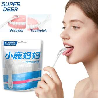 Fawnmum 30 piezas/bolsa Raspador de lengua desechable con palillos dentales, raspador de lengua de plástico de doble uso, para un aliento fresco, herramienta de cuidado oral