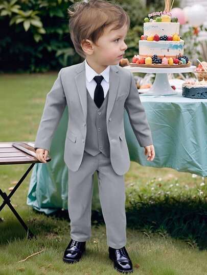 5pcs/Set Boys Suit, Toddler Tuxedo, Pageboy Outfit, Wedding Suit Jacket, Vest, Pants, Shirt, Tie, Suitable For Young Boy Birthday Party, Banquet, Wedding, Christening And Anniversary, Light Gray, Size 3-10 Years