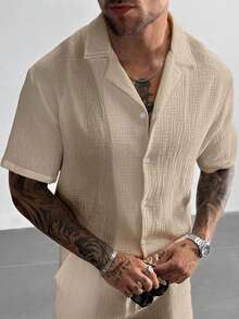 Men's Casual Vacation Shirt, Suitable For Summer Outings And Daily Wear. This Classic Solid Color Loose Short-Sleeve Shirt Features A Button-Up Design, Made Of 100% Lightweight And Breathable Cotton Fabric, Fashionable And Versatile, Ideal For Hawaii Beach Vacations, Music Festivals, And Daily Wear. - Apricot - View 6