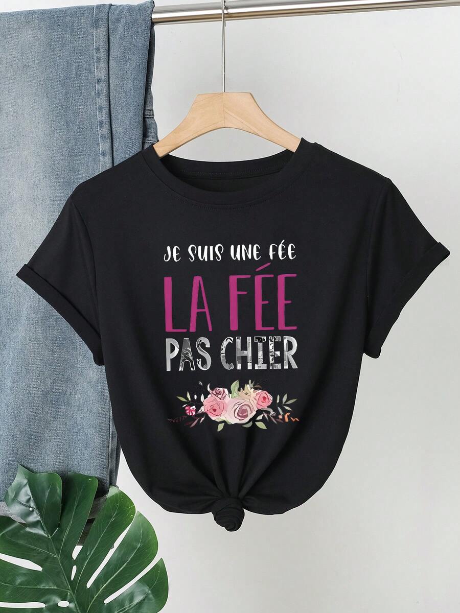 Áo thun nữ tay ngắn cổ tròn chất liệu lụa sữa, in họa tiết hoa và khẩu hiệu, màu đen, thích hợp cho kỳ nghỉ hè. - màu đen - Xem 1