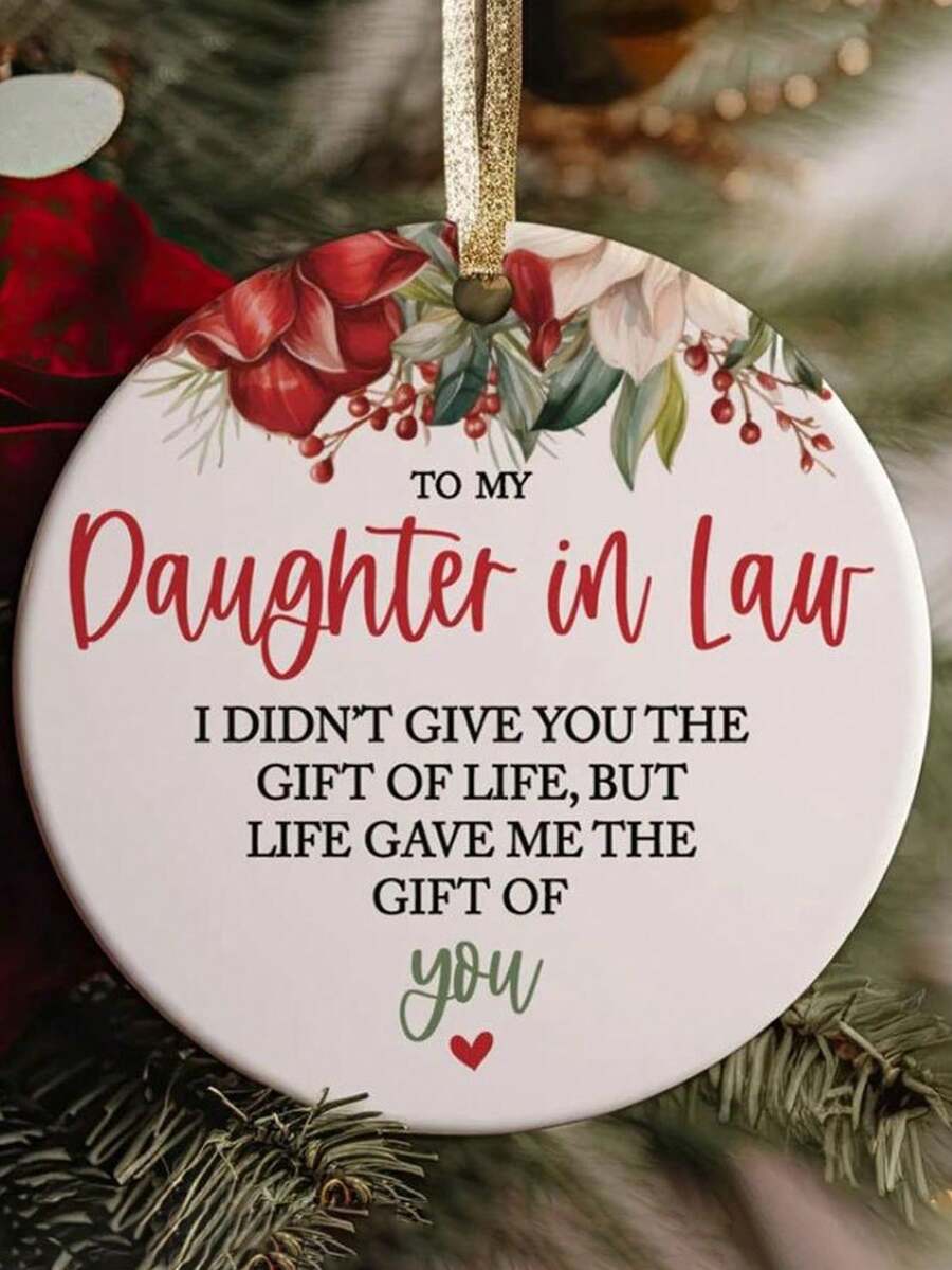 1PC-2D Flat, "To My Daughter-In-Law" Christmas Decorations - Elegant White And Red Heartwarming Souvenirs With Golden Letters - Gifts Received By Mother-In-Law From Daughter-In-Law - Tree Pendant No Electricity Required - Perfect Wedding, Anniversary, Birthday Gifts - Multicolor - View 1