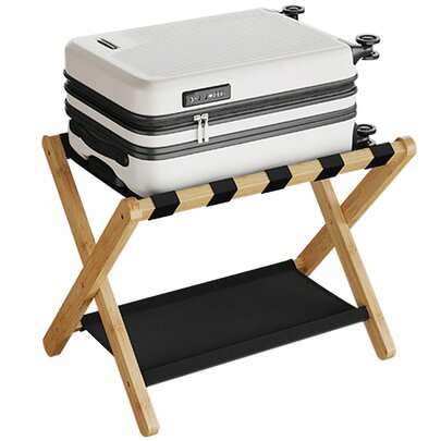  SONGMICS Estante de Equipaje de Bambú para Habitación de Invitados, Soporte Plegable para Maletas con Estante de Tela, para Hotel, Dormitorio, Carga de 60 kg, Beige Natural