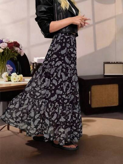  EARO 女式休闲高腰碎花雪纺 A 字裙，复古法式风格，百搭，适合所有季节，秋冬