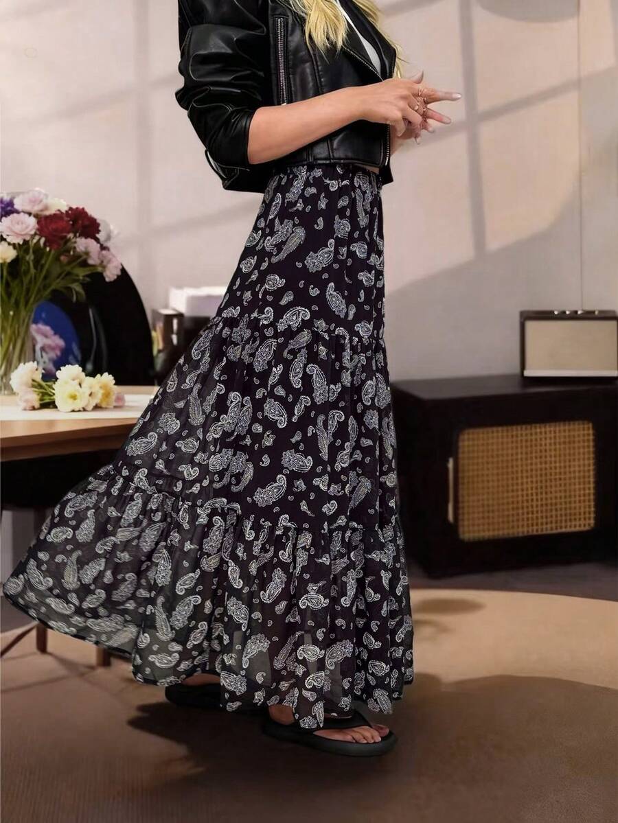 EARO 女士休闲高腰碎花雪纺A字裙，复古法式风格，百搭，适合所有季节，秋冬度假必备 - 黑色 - 查看 1