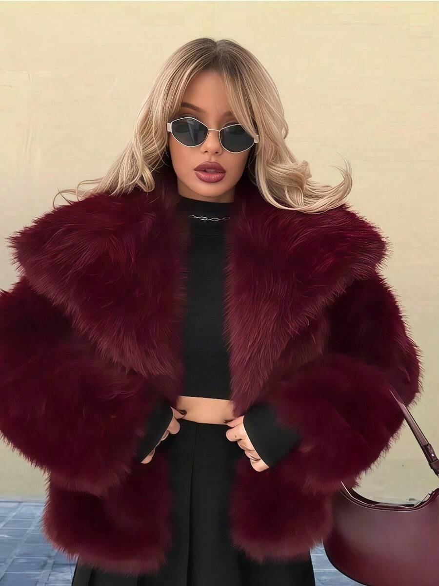 European And American New Lapel Long-Sleeved Fur Coat Women's 2025 Autumn And Winter New Solid Color Versatile Cardigan Imitation Fur Top - 酒紅色 - 查看 1