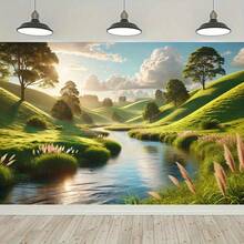 8x6ft Tranquil Lake & Sky Landscape Tapestry - Vibrant Green Hills, Sunlit River, And Fluffy Clouds - Polyester Wall Hanging For Living Room, Bedroom, Office, Or Outdoor Decor - Ideal For Parties, Photoshoots, And Celebrations - No Electricity Needed, Party Backdrop|  Landscape| Durable Decor, Lake House Decor - 如圖所示 - 查看 3