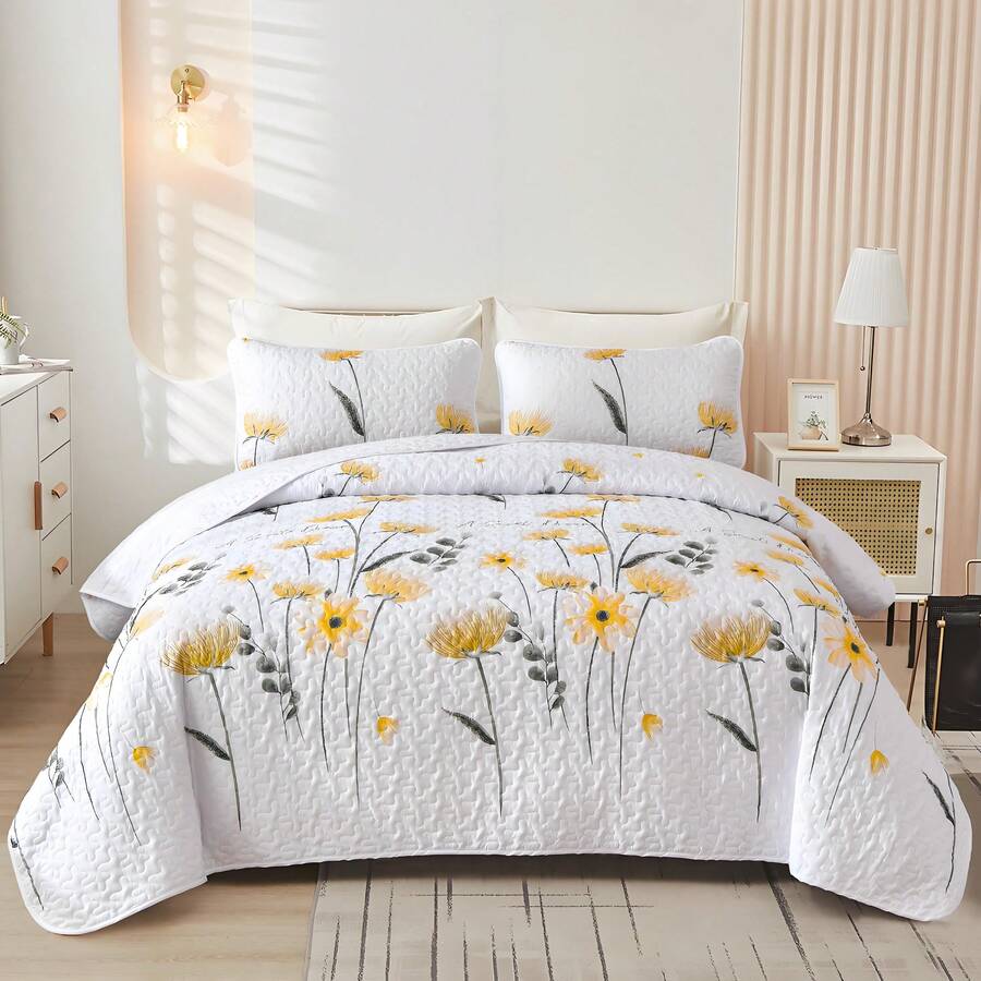Draelibor 3 Pieces Botanical Leaves Flower Quilt Set,Twin Full Queen King Size Boho Floral Branches Soft Microfiber Coverlet Set For All Season,For Mother's Day/Wedding/Christmas/Halloween Gifts,Home Room Bedroom Bed Decor(1 Bedspread, 2 Pillowcases) - 黃色 - 查看 1