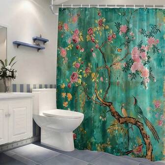 Cortina de ducha impermeable con estampado floral de pavo real retro, cortina con ganchos, cortina para ventanas, decoración y accesorios de baño, decoración de habitaciones, adecuada para el hogar, hotel, vacaciones, regalo