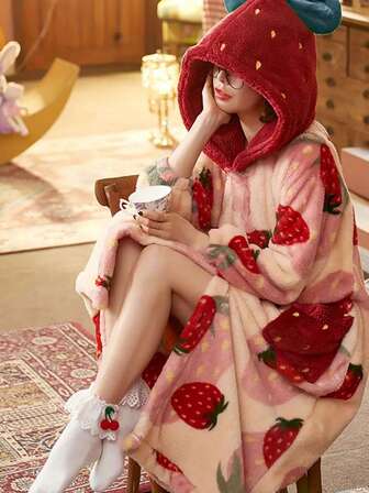 Strawberry Print Hooded Casual Robe, Christmas Gift Long Sleeve Warm Fleece Thick Buttoned Casual Loungewear , With Pockets, 1pc Women Home & Sleepwear, Autumn/Winter, For Fall Winter, Fluffy, Cozy