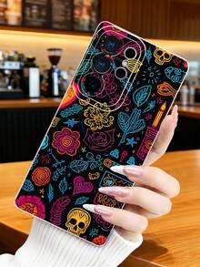 1 pieza Funda de teléfono con diseño de elementos del Día de Muertos en estilo neón sobre fondo oscuro, incluye calaveras, cactus, flores y velas, ideal para amantes de la cultura mexicana y el arte vibrante, protección elevada para lente con diseño de ojo de cámara, resistente a golpes, compatible con iPhone 17 Pro Max/16/15/14/13/12/11/Plus/Pro/Pro Max, compatible con Galaxy A34/A35/A54/A55, Galaxy S20/S21/S22/S23/S24/S25 Ultra/Plus, compatible con Galaxy/Redmi/Honor/OPPO/ViVo - Blanco - Ver 2