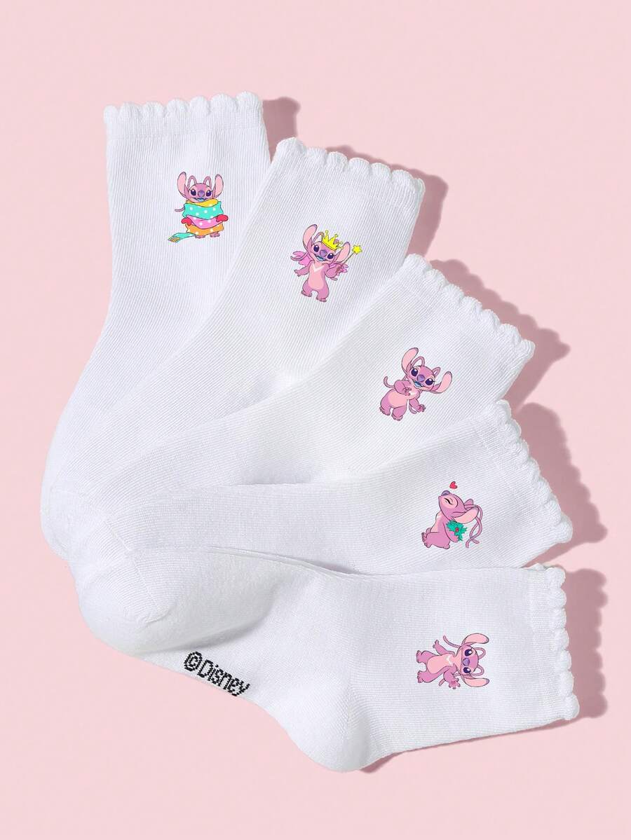 Disney 1/5/10 Pairs Spring/Summer Children/Girls Campus Socks/Lace Socks/Short Socks, Cute Sweet Cartoon Stitch Pattern Decor, Simple Soft Skin-Friendly White College Style Mid-Calf Socks, Versatile Breathable Moisture-Wicking Comfortable Durable Sports Socks, Suitable For Classroom/New Semester/Back To School/Student/Campus Season Outfit, Casual Sports, Home Relaxation