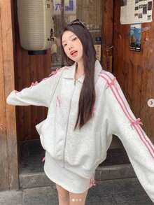 UREREM Bộ 2 áo khoác cardigan dáng rộng, có khóa kéo, trang trí nơ màu xám nhạt và hồng dành cho nữ, vải dệt kim 230g - Nhiều màu - Xem 7