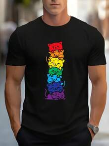 Men Rainbow Cat Stacked T-Shirt Cute Multicolor Cat Design With Red Yellow Green Purple Orange Pink Soft Everyday Tee Casual Comtable Clothing Playful Design Durable Construction Printed Top Fashion Enthusiasts Men Size S-3XL - màu đen - Xem 1
