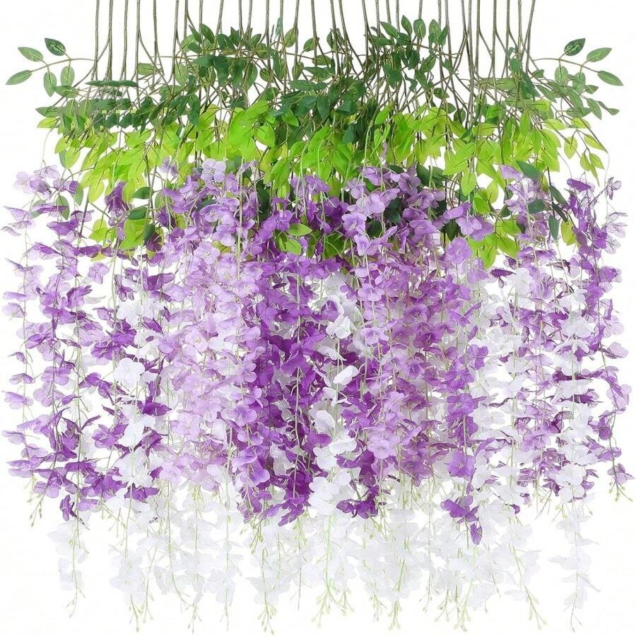 12 Pack Of Artificial Wisteria Vine Wreath, Wisteria Wreath, Wedding Garden Decor, Wedding Decor, Bridal Bouquet, Artificial Flowers Decoration. (16 Colors) - Mixed White purple - 查看 1