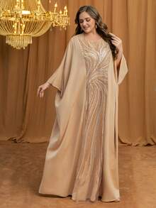 UNITHORSE Plus Women's [Random Cut] Round-Neck Batwing Sleeve Maxi New Luxury High-End Elegant Sequin Lace Patchwork Matte Satin Women's Robe Dress