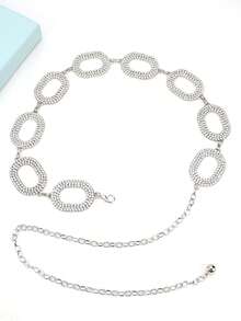 1条全镶钻镂空椭圆形腰链，高品质金属镶嵌水钻工艺+可拆卸流苏链，适合搭配露脐上衣/百褶裙/低腰裤，适合夜店、约会、街头风格，几何图案派对锌合金女士腰带，四季皆宜 - 銀色 - 查看 5