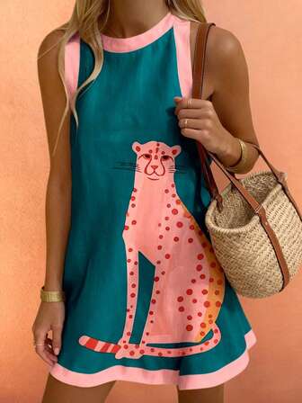 Sea Starshine Beach Vacation Spring Summer Women's Oversized Fashion Casual Blue And White Plaid Contrast Lemon Sardine Printed Color Clash Vest Dresses