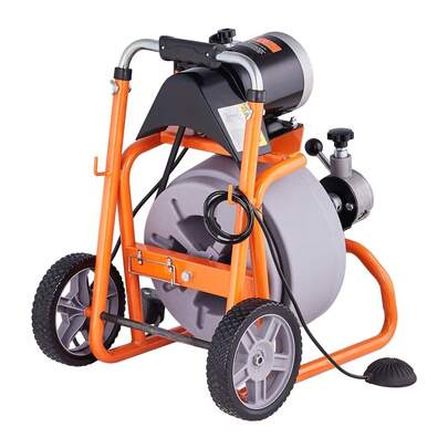 Drain Cleaner Machine 100FT X 3/8 Inch Auto Feed - Plumbing Snake With 8 Cutters, Wheels, & Retractable Handle For Clogged Drains