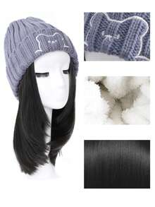 合成假发帽，一体式可爱小熊针织假发帽 - 女士合成纤维假发帽，中长直发，灰黑色 - 彩色 - 查看 6