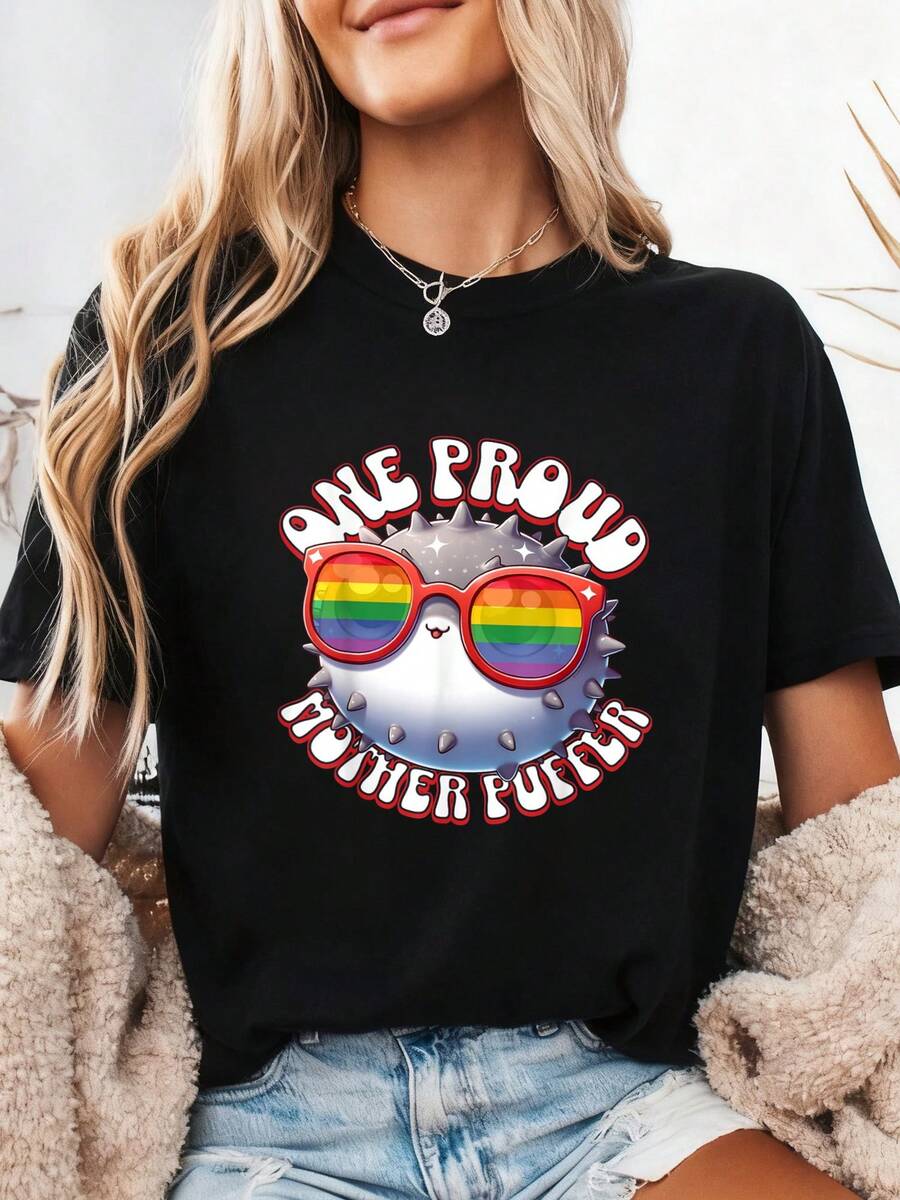 One Proud Mother Puffer Fish LGBTQ Rainbow Pride Flag T-Shirt006 - Black - View 1