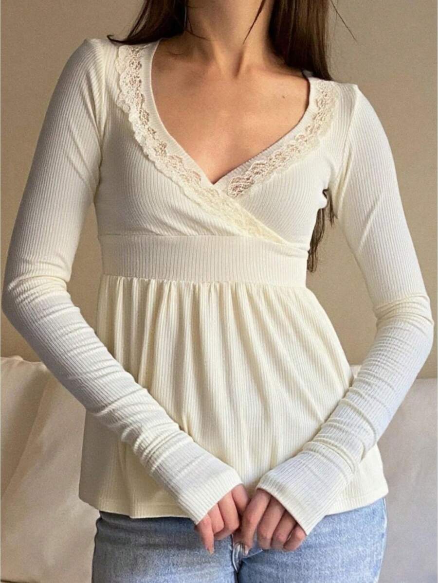 Women Y2k Fall Babydoll Tops Fairy Grunge Casual Solid Color Long Sleeve V Neck Ruffle Hem T Shirts Peplum Tops Pullover Aesthetic Clothes 90s Streetwear - 白色 - 查看 1