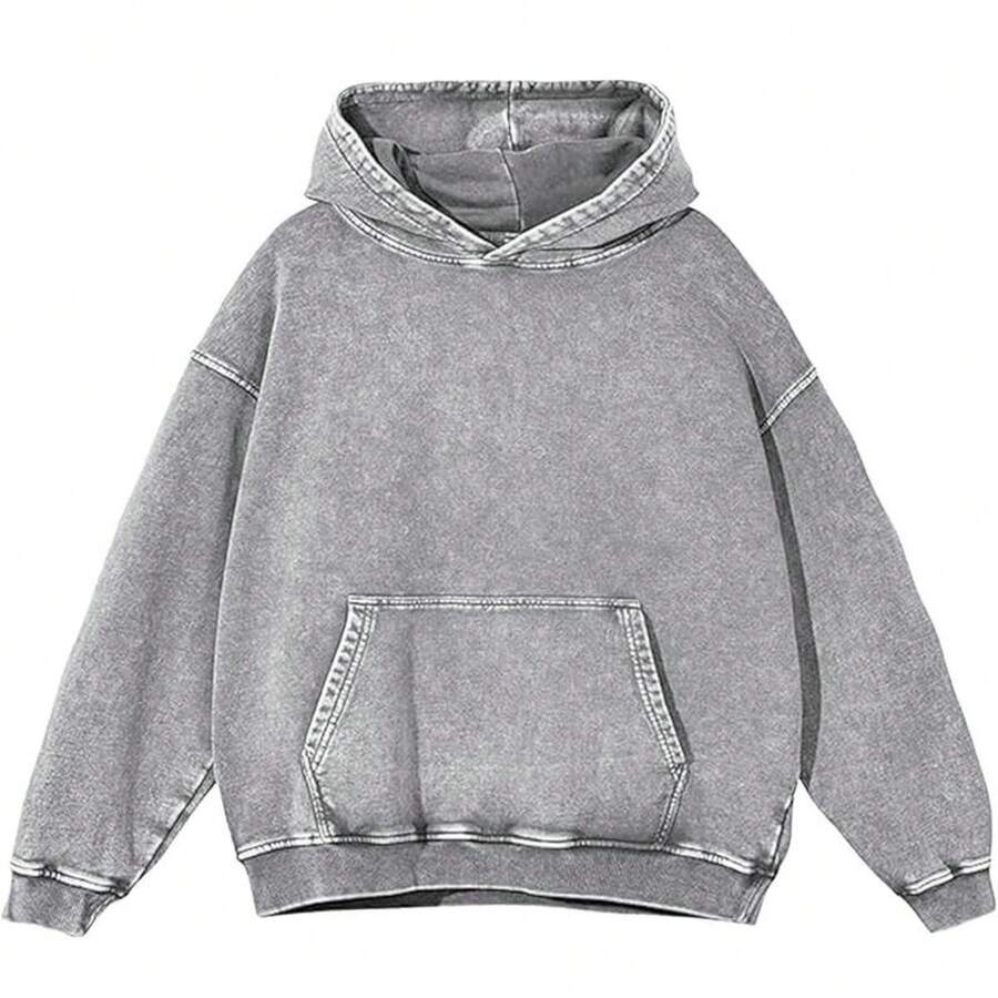JeansFly Womens Oversized Acid Wash Hoodie Pullover Sweatshirts Vintage Loose Fit Winter Long Sleeve Shirts Outfits Tshirts&Hoodies DG010 Cotton Blend - 灰色 - 查看 1