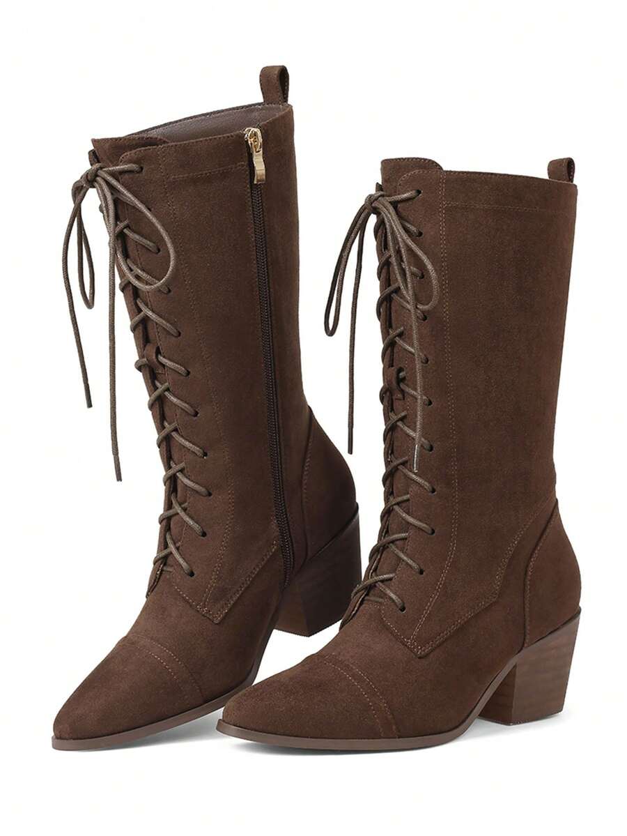 Women's Retro Pointed Toe Boots Suede Block Chunky Heels Side Zipper Lace-Up Casual Party Dress Fall Vintage Mid Calf Boots Woman - Da lộn màu nâu - Xem 1