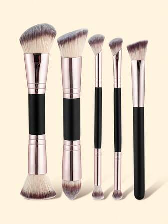 5pcs Double-Ended Makeup Brush Set, Ultra Soft Fiber 2-In-1 Multipurpose Makeup Brushes Including Foundation Brush, Contour Brush, Concealer Brush, Eyeshadow Brush, Nose Shading Brush, Professional Makeup Tools For Daily Use,Brush Set,Makeup Brush Kit,Make Up Brush Set,Make Up Set Complete,Makeup Brush Set,Complete Makeup Kit,Brush Kit,Brushes Makeup Set,Makeup Gift Set