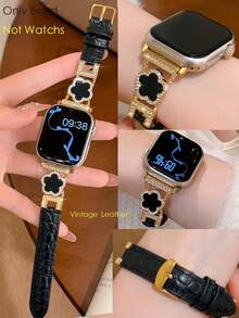 1条时尚女士真皮五叶形表带，适用于 | 金色点缀黑色表带，尺寸38/40/41/42/44/45/46/49毫米 | 兼容Ultra/SE/11/10/9/8/7/6/5/4/3/2/1系列 | 舒适耐用的智能手表配件，冬季佳礼 - 黑色 - 查看 5