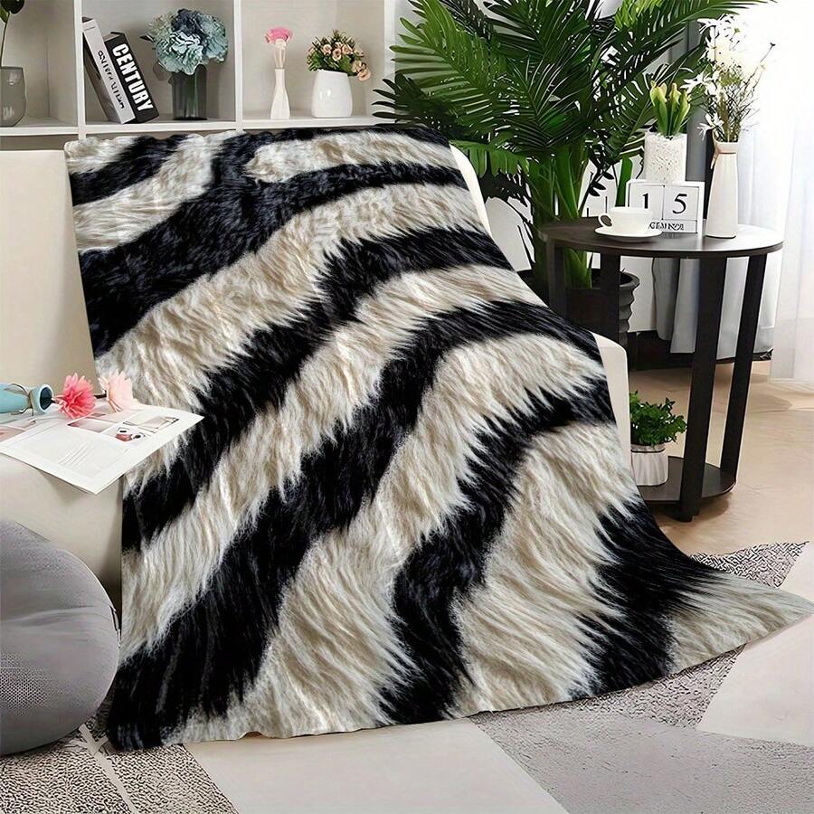 1pc Black And White Zebra Print Tiger Pattern Fleece Blanket, Soft Warm Coverlet Nap Blanket, Suitable For Sofa, Office, Bed, Camping Travel, Multi-Purpose Gift Blanket, Ideal Holiday Gift, Applicable In All Seasons - 彩色 - 查看 1