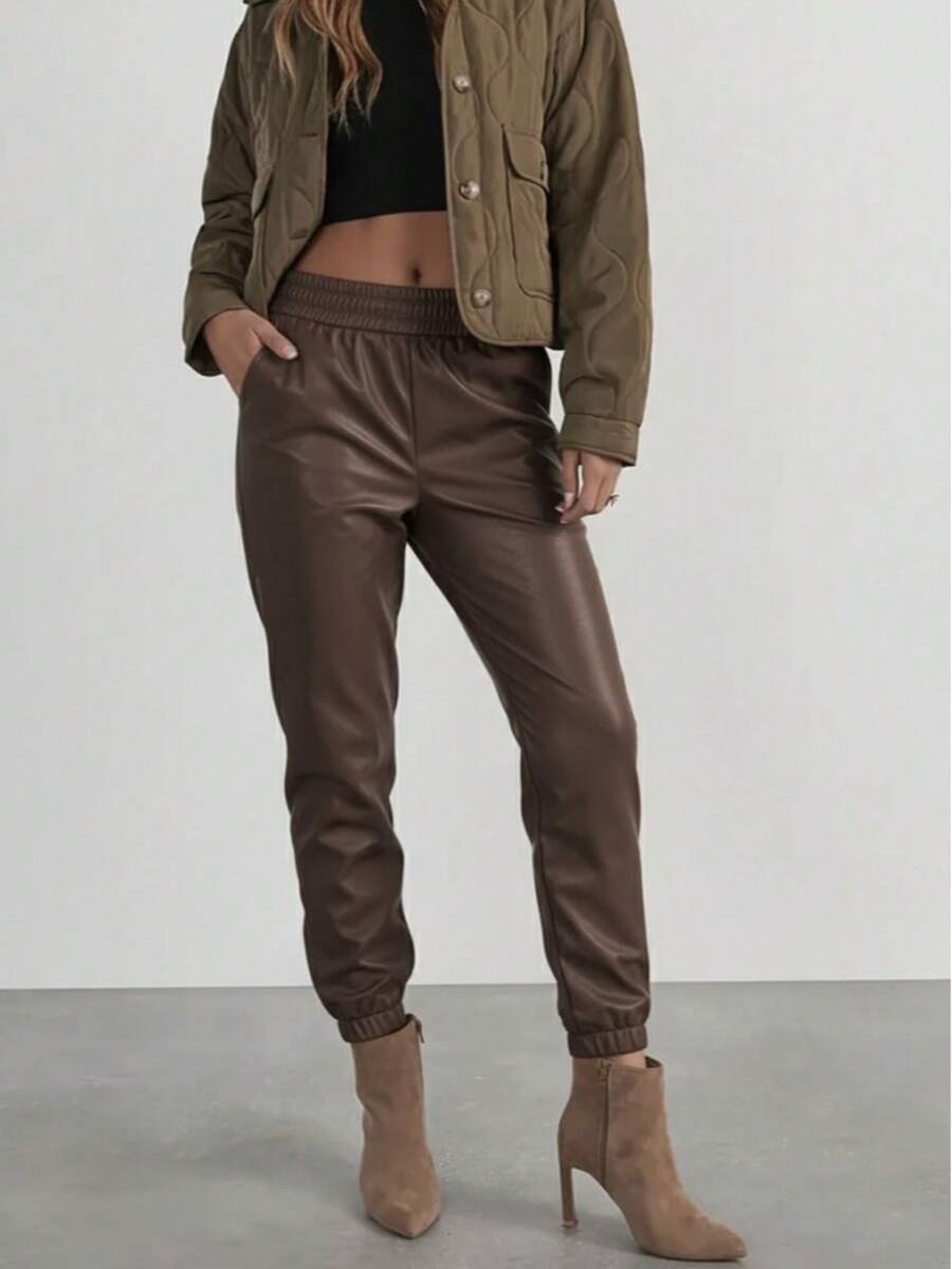 Women's High-Waist Leather Pants With Elastic Waistband And Front Buttons