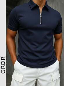 GRDR 男士夏季 Polo 领半拉链短袖 T 恤，适合户外、度假和休闲穿着 - 藏蓝色 - 查看 3