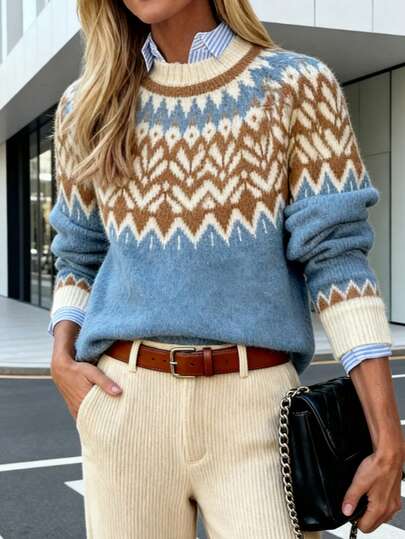 Suéter feminino casual outono e inverno, moda grossa, Fair Isle, suéter de Natal, pulôver, manga comprida, tops