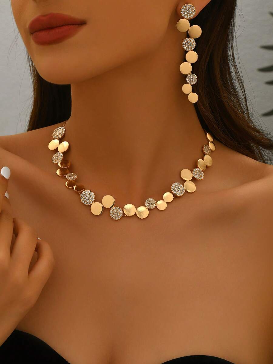 2pcs/Set Fashionable Minimalist Metal Jewelry Set, Geometric Smooth Round Rhinestone Inlaid, Asymmetrical Abstract Combination Earrings & Necklace Set, Suitable For Daily, Party, Banquet Wear - Yellow Gold - View 1