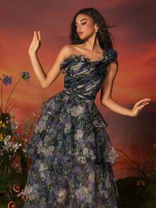 VIPGIRL Asymmetric Ruffle Hem Evening Gown - Black - View 5