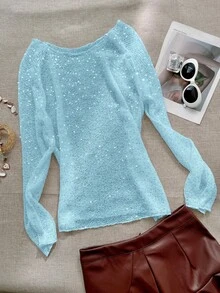 Yuwenier Sexy Cut Out Ausschnitt Transparenter Pailletten verzierter Häkel-Cover-Up mit Fledermausärmeln, locker sitzende Oberteile für Rave-Partys für Frauen